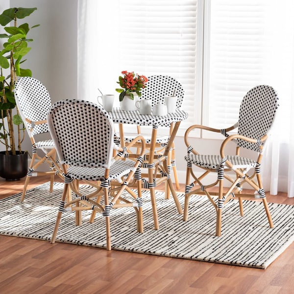 Baxton Studio Naila Classic French Black and White Plastic and Natural Brown Rattan 5-Piece Dining Set 210-12697-12699 - main